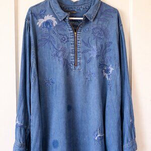 Johnny Was Workshop 2X Embroidered Tunic Top Blue Boho Floral Zip Neck Plus